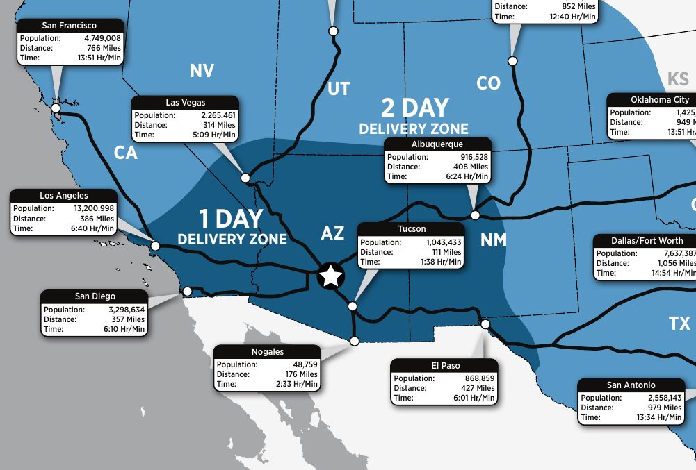 1-Day / 2-Day trucking delivery zone map from Phoenix